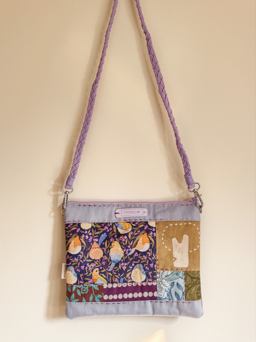 Handmade Lilac Patchwork Crossbody Bag with Bird Print